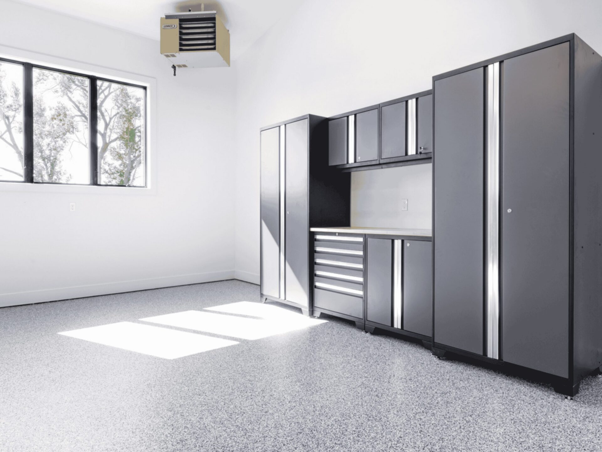 garage with locker style cabinets