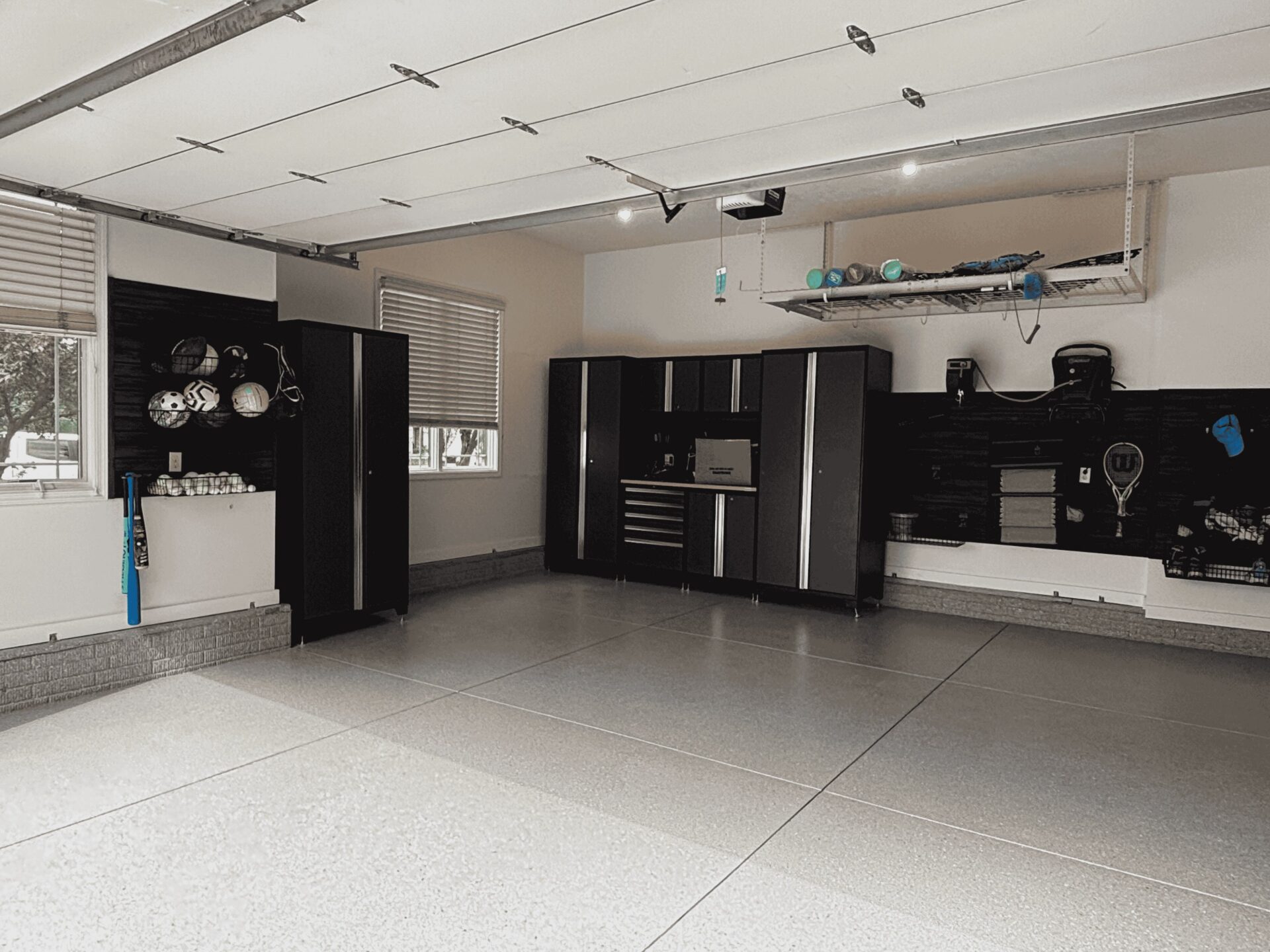 Slatwall, cabinets and garage floor coating