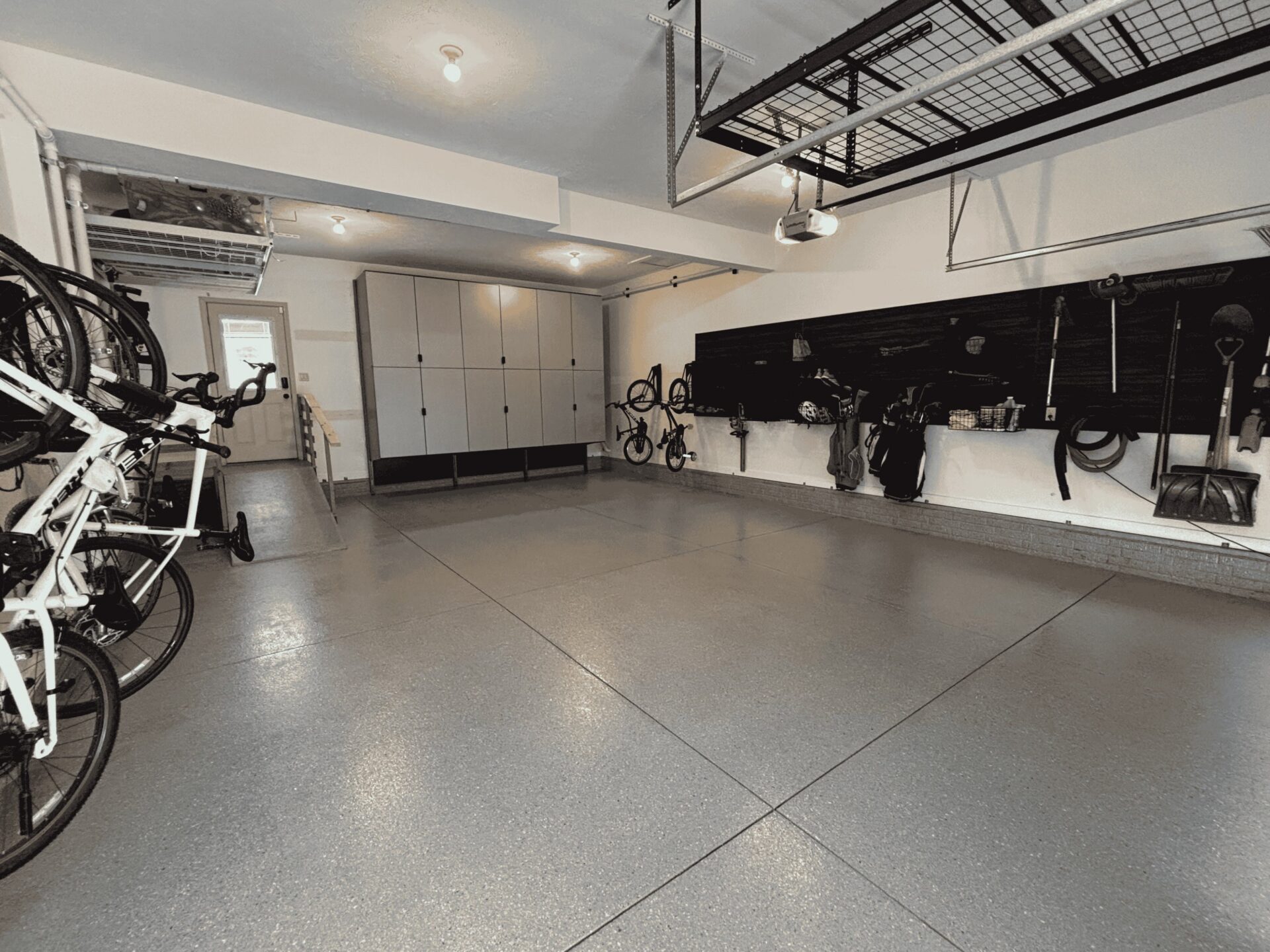 Garage with polyaspartic floor coating and storage