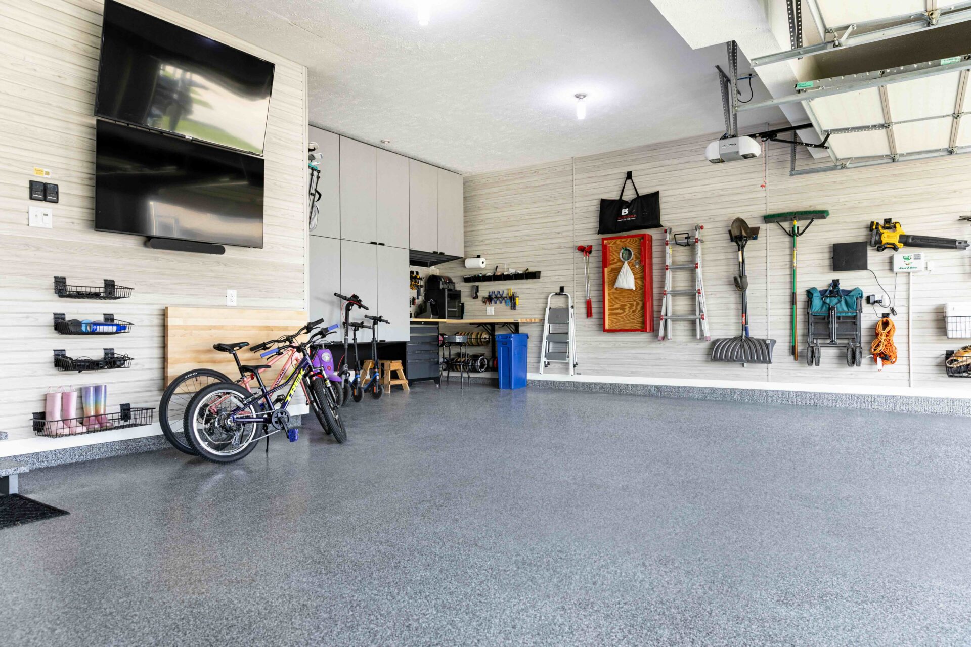 Garage with polyaspartic floor and storage
