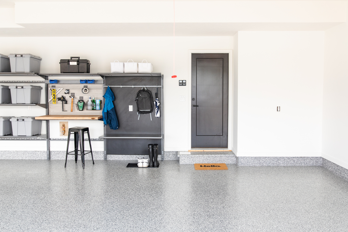 Garage with concrete coating and storage