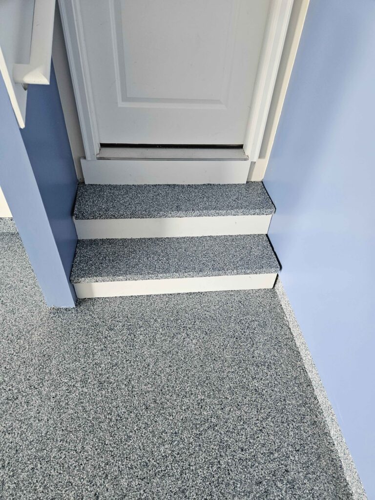 Garage Stairs coated in Blue Taupe Polyaspartic Coating