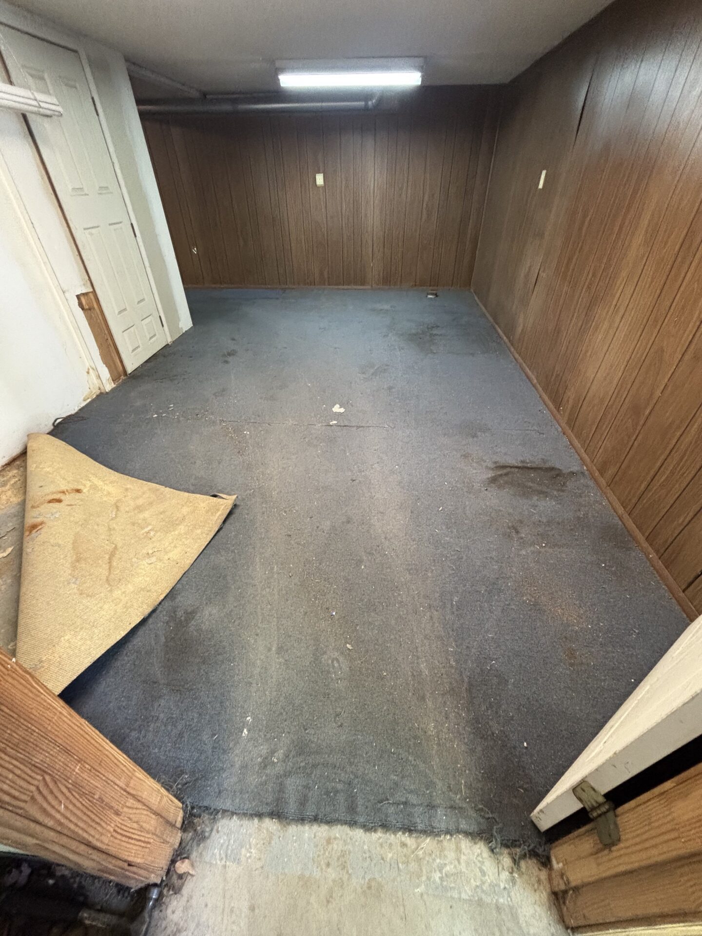 Old carpeted concrete basement floor