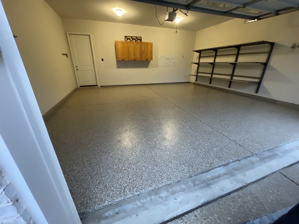 Garage floor coating and shelving