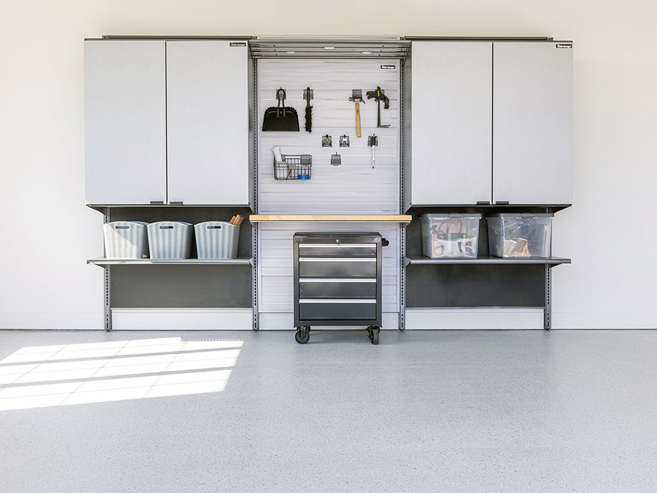 White garage with cabinets