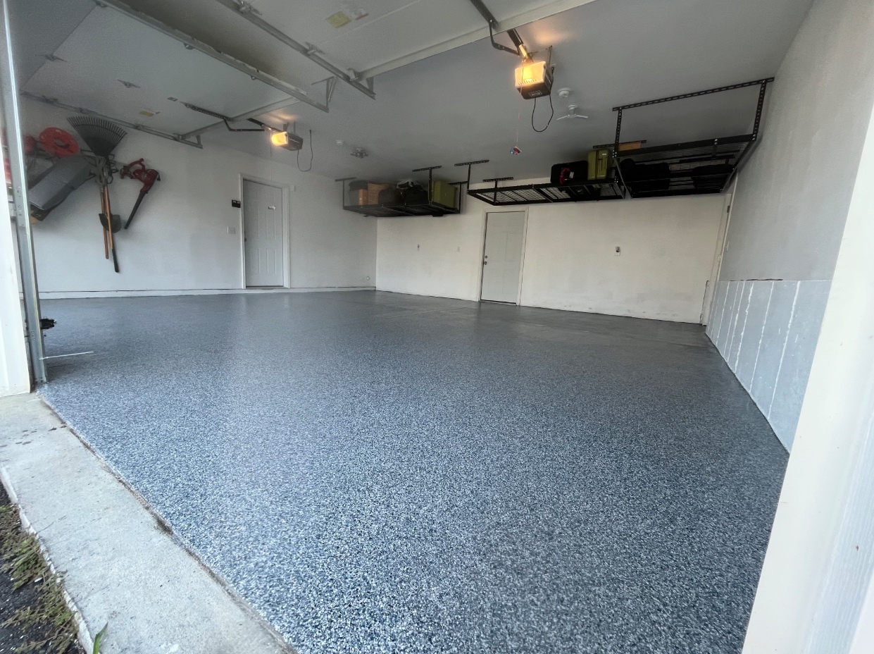 Garage floor coating and overhead storage