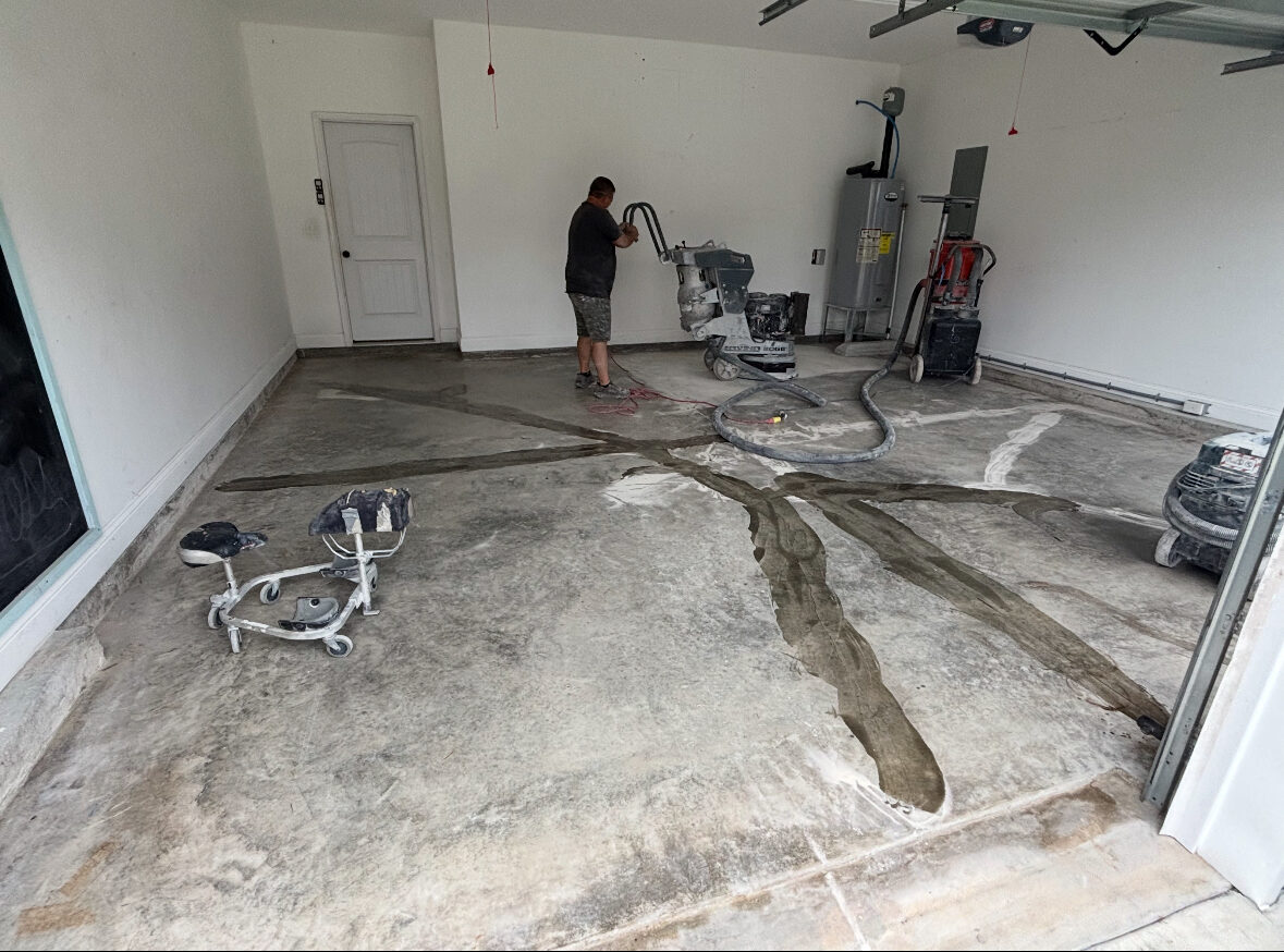 stained, old garage concrete