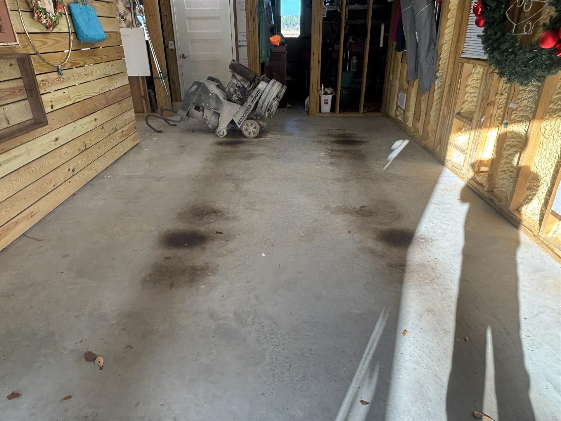 chipped, stained concrete