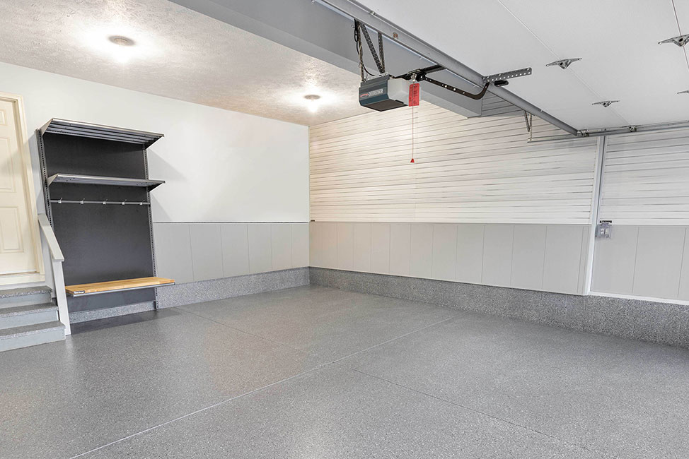 garage with new concrete floor coating and garage mudroom dropzone | Hello Garage