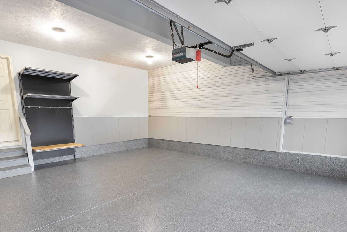 Organized Garage with Concrete Coating and Storage
