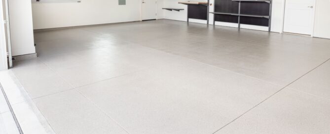 Garage with concrete coating and shelving