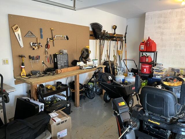 Garage with a lot of clutter