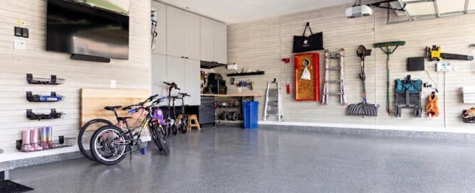 garage flooring, slatwall and cabinets